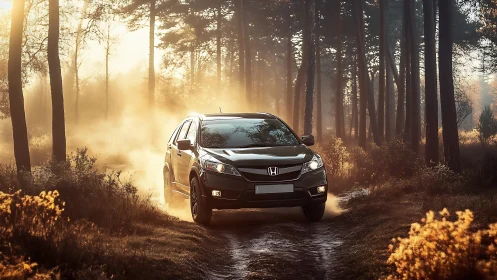 Black Honda SUV on forest dirt track in low sun haze.