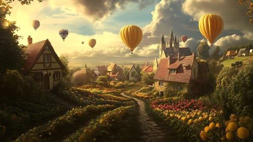 Sunlit village valley with hot air balloons and castle