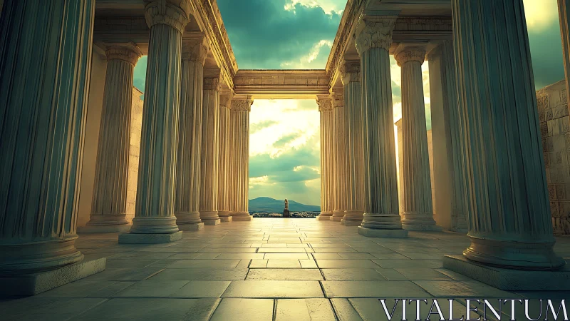 Golden sunlight pours through tranquil ancient marble columns