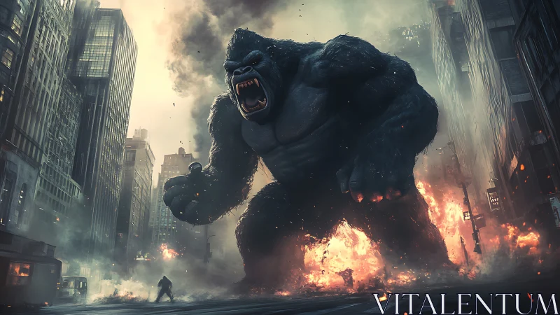 Giant gorilla figure positioned in burning urban street scene.
