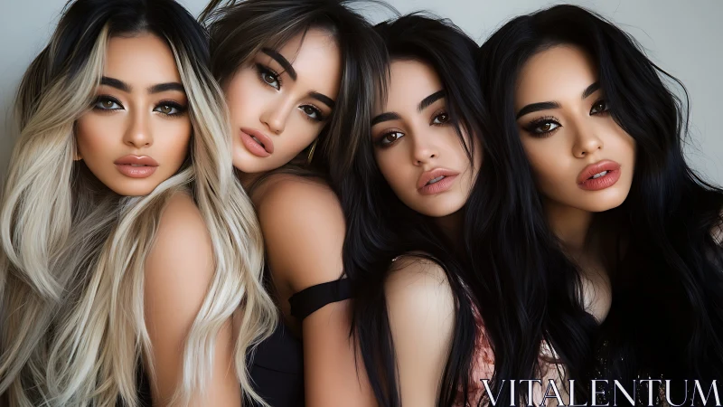 Glamour quartet leans close in lustrous portrait glow.