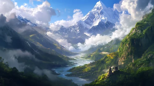 Sky-drowned valley and whispering river beneath white giants.