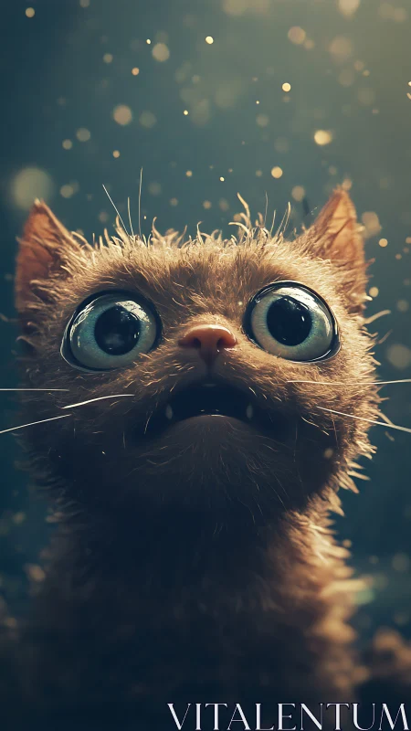 Wet wide-eyed kitten rendered in dramatic close-up portrait