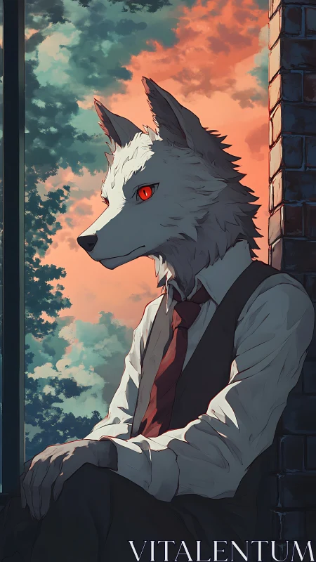 Anthropomorphic wolf executive in sunset anime portrait.