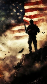 Silhouetted soldier faces vast tattered U.S. flag in smoky sky