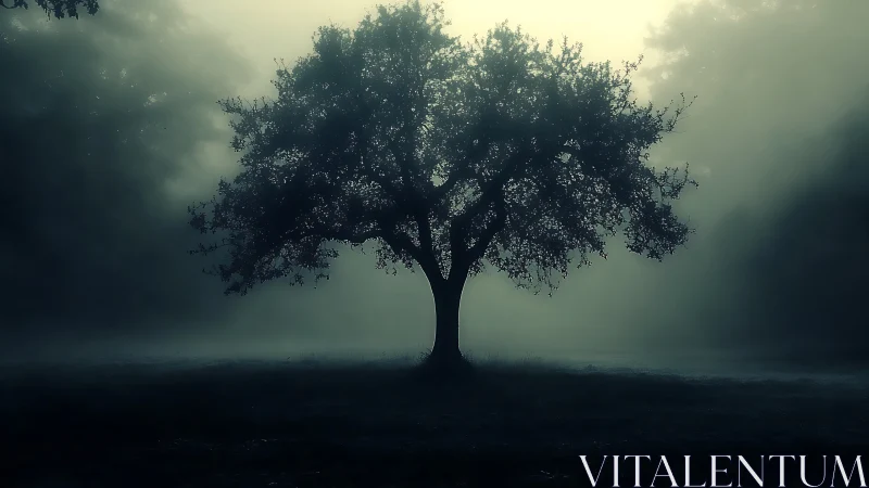 Gentle lone tree welcomes the quiet glow of misty dawn