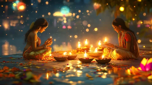 Evening riverbank diya ritual with girls in festive saris
