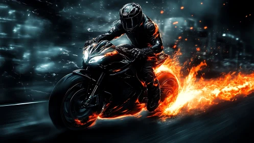 Flaming sport bike racer tears through a neon drenched night street