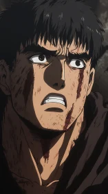 Wounded anime male character looks upward with tension