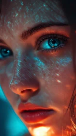 Macro close-up portrait with cyan-orange rim lighting and bokeh.