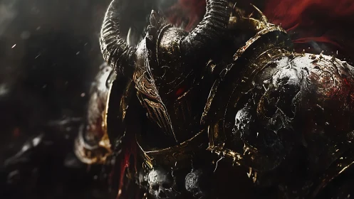 Horned warlord advances through embers in molten armor.