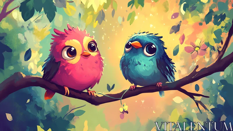 Cute Cartoon Birds on Branch in Vibrant Watercolor Forest Scene.