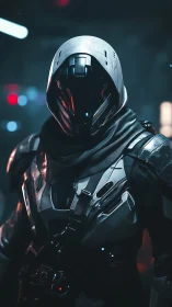 Midnight sentinel in chrome armor stalks neon starpaths.