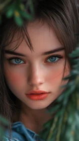 Forest-framed sapphire gaze with quiet wildfire calm.