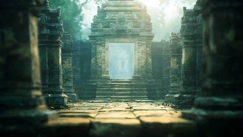 Sunlit ancient stone gateway opens into misty temple court