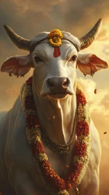 Sacred white cow crowned with marigold garlands at sunset.