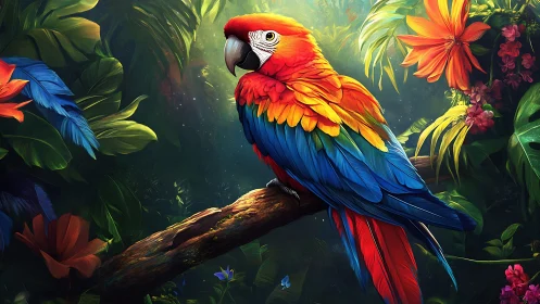 Vibrant Scarlet Macaw Perched in Lush Tropical Jungle Artwork.