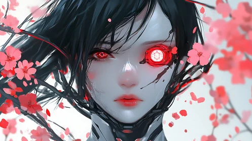 Cyborg girl portrait with red eye and cherry blossoms.