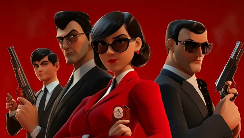 Stylized spy team stands armed against a flat red backdrop