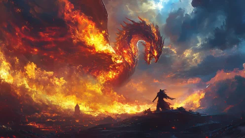 Fireborn dragon unfurls above lone hero on a stormlit ridge.
