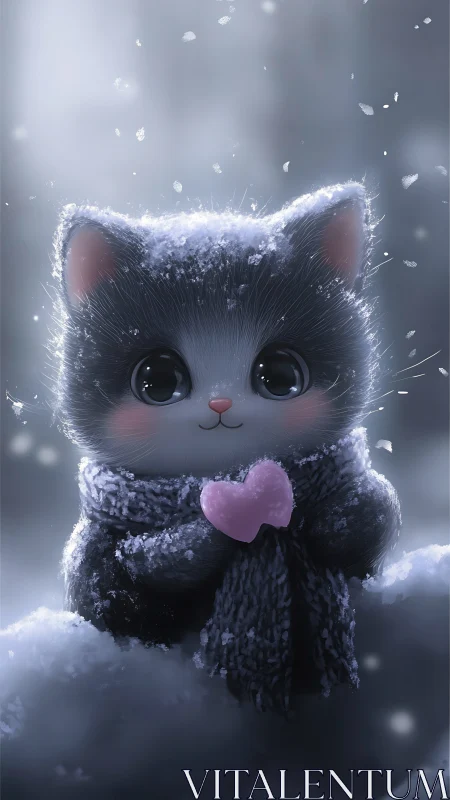 Adorable Snow-Covered Cat with Pink Heart in Winter Wonderland