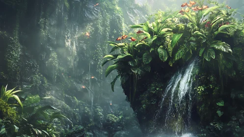 Lush rainforest cliff with cascading micro waterfall and flora.