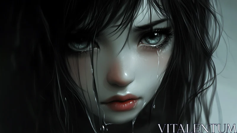 Close-up digital portrait of wet-haired girl with tears.
