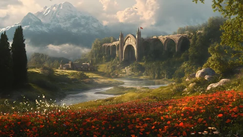 Sunlit stone bridge crowns a tranquil fantasy valley
