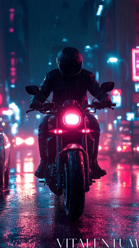 Neon city rider glides through rainlit streets at night