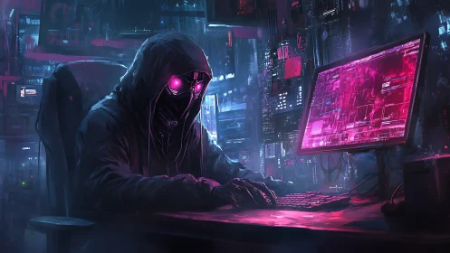 Cyberpunk hacker commands neon network from dark terminal.