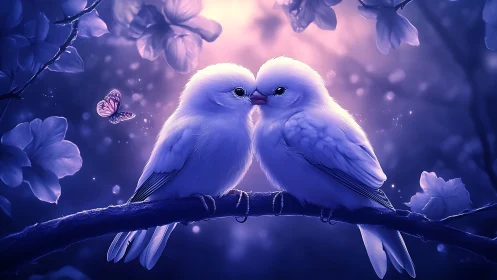 Two White Birds in Dreamy Purple Forest, Fantasy Digital Art.