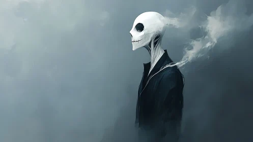 Skeletal vapor entity in fog-dense monochrome profile study.