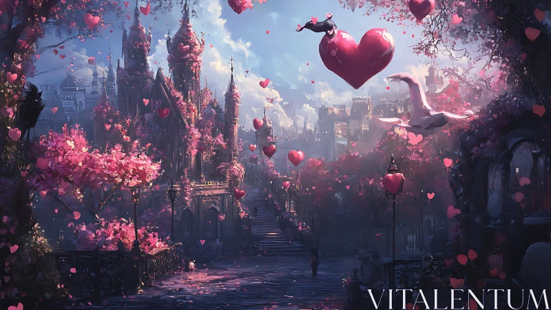 Enchanted Castle Bathed in Floating Hearts and Cherry Blossoms