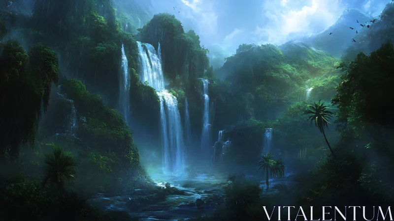 Mystic jungle waterfalls under ethereal storm light.