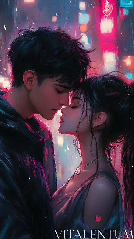 Neon-Lit Romance: Two Figures in Cyberpunk Urban Glow