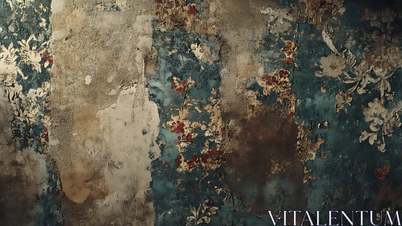 Peeling teal plaster reveals faded floral wall fragments.