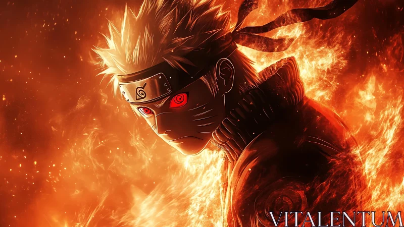 Fiery anime ninja portrait with glowing red eyes and headband