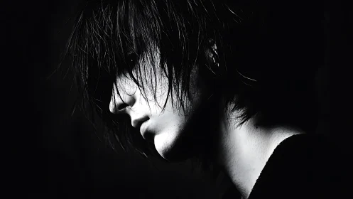 Melancholic side profile of youth in stark chiaroscuro.