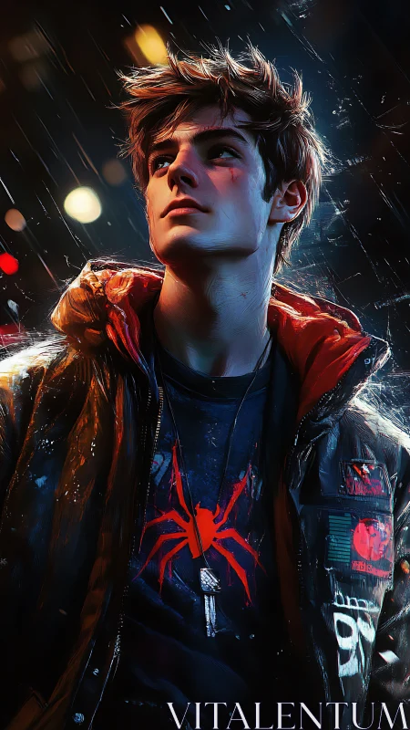 Moody neon-lit youth in rain with graphic spider emblem.