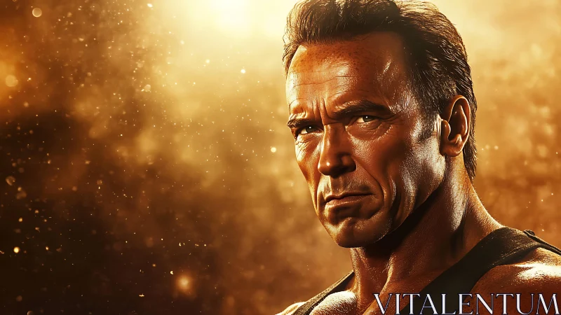 Muscular man stares forward under intense golden backlight