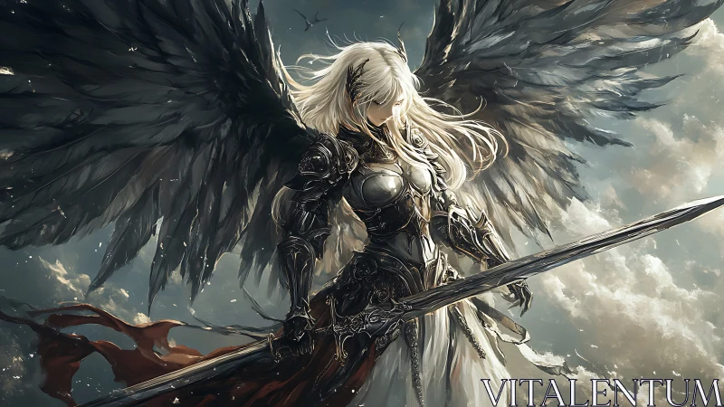 Winged warrior in ornate armor amid stormlit heavens.