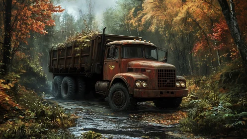 Rusty logging truck in misty autumn forest creek bed.