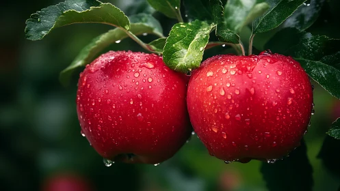 Two ripe red apples hang on tree branch after rainfall