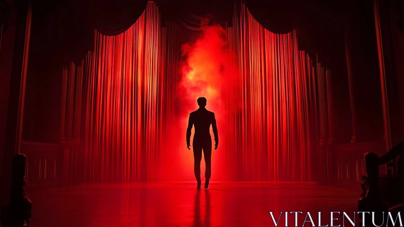 Silhouetted performer strides toward glowing red stage curtain