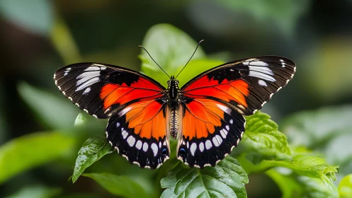 Garden ember butterfly resting on emerald leaf stage.