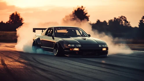 Midnight drift missile car carves smoke halos at sunset