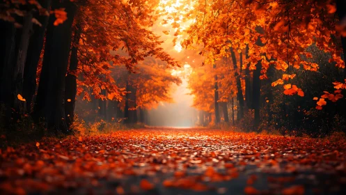 Autumn Canopy: Golden Hour Through Leaf-Laden Forest Path.