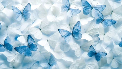 Gentle blue and white butterflies drifting in soft light.