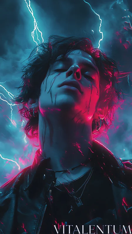 Portrait of youth under lightning with neon backlighting.