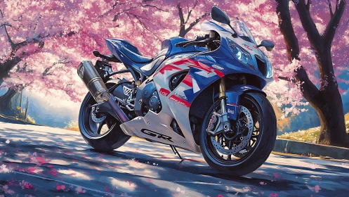 Sport motorcycle parked under pink cherry blossom trees.
